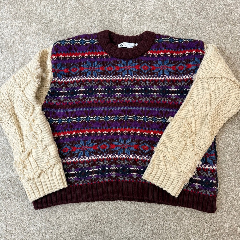 Zara Womens Fair Isle Mixed Knit Sweater Purple Red Cable Knit Sleeves Small - Picture 2 of 9